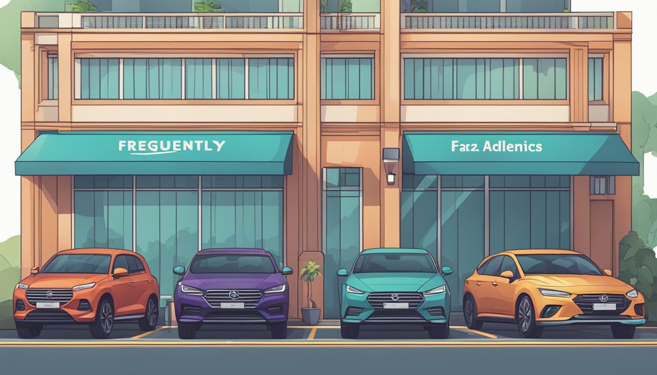 A line of cars parked in front of a Singapore car dealership, with a sign reading "Frequently Asked Questions" above the entrance