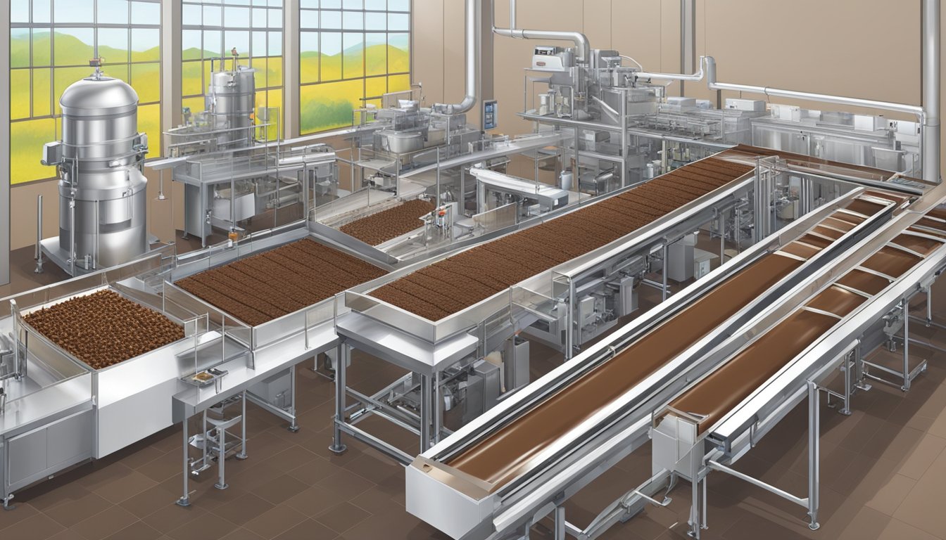 Chocolate brands showcase modern equipment and processes in a sleek, bright factory setting. Conveyor belts, mixing machines, and packaging lines illustrate innovation in chocolate making