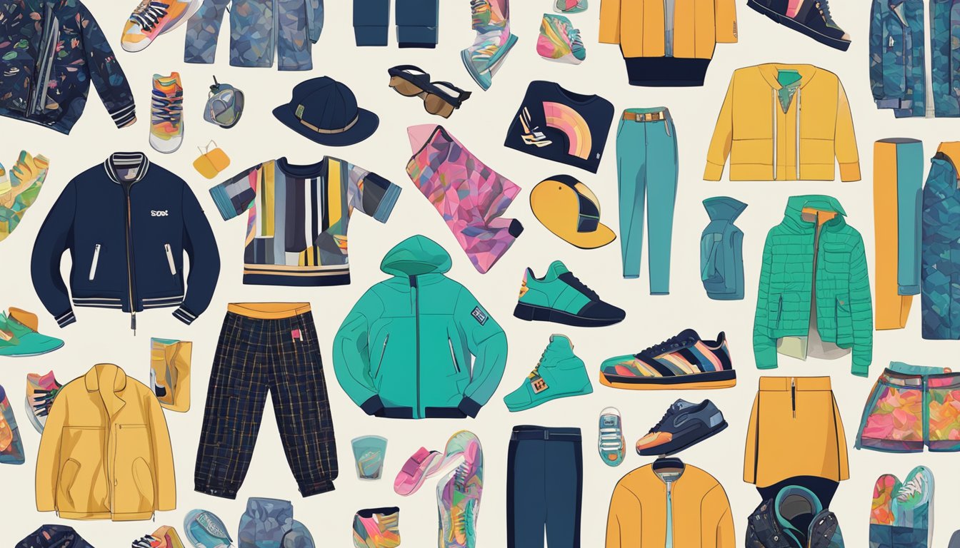 A colorful display of contemporary fashion brands, featuring bold patterns and sleek silhouettes, with a mix of streetwear and high-end designs