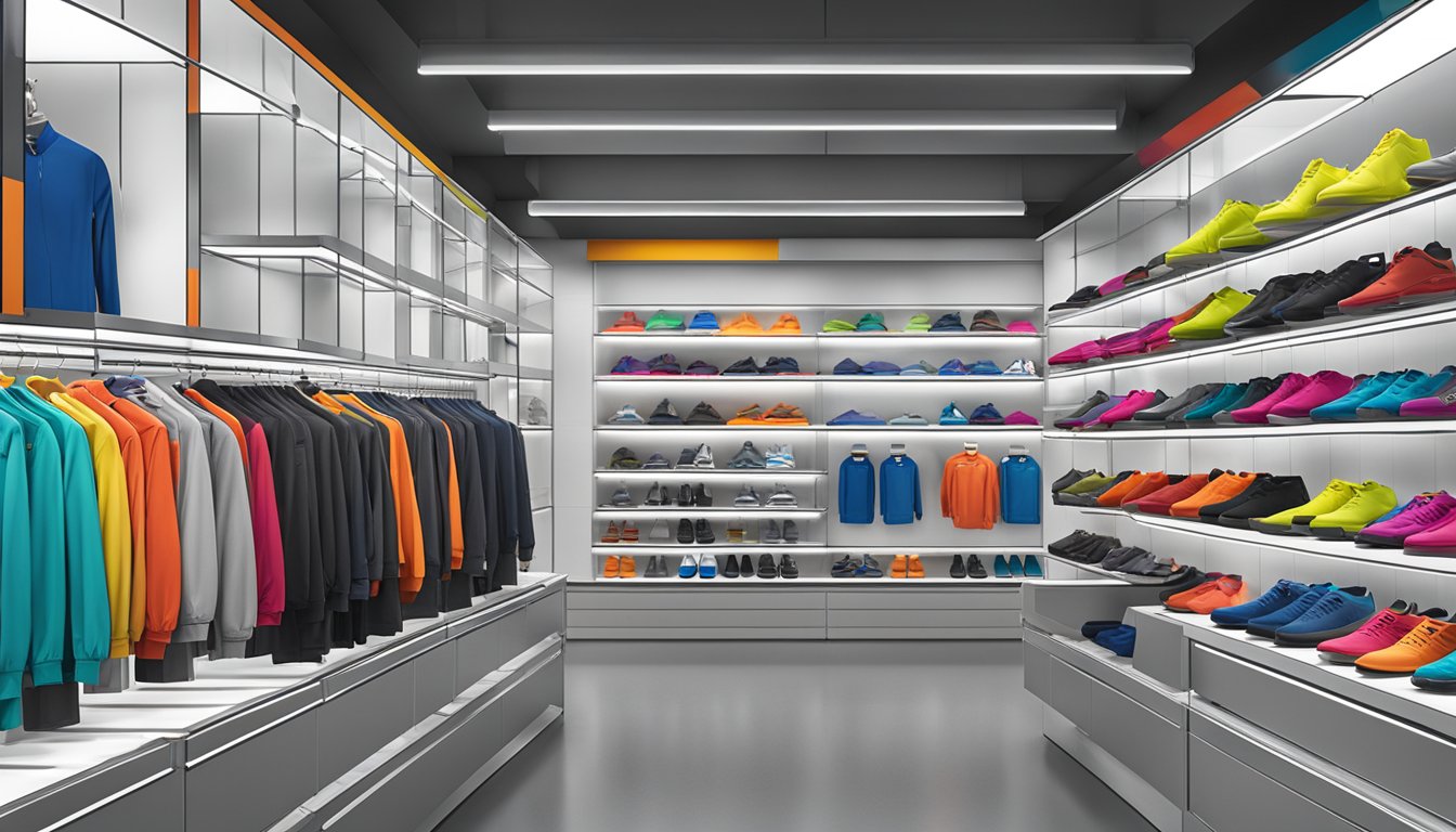A vibrant display of specialized apparel brands, with bold logos and sleek designs showcased on mannequins and shelves