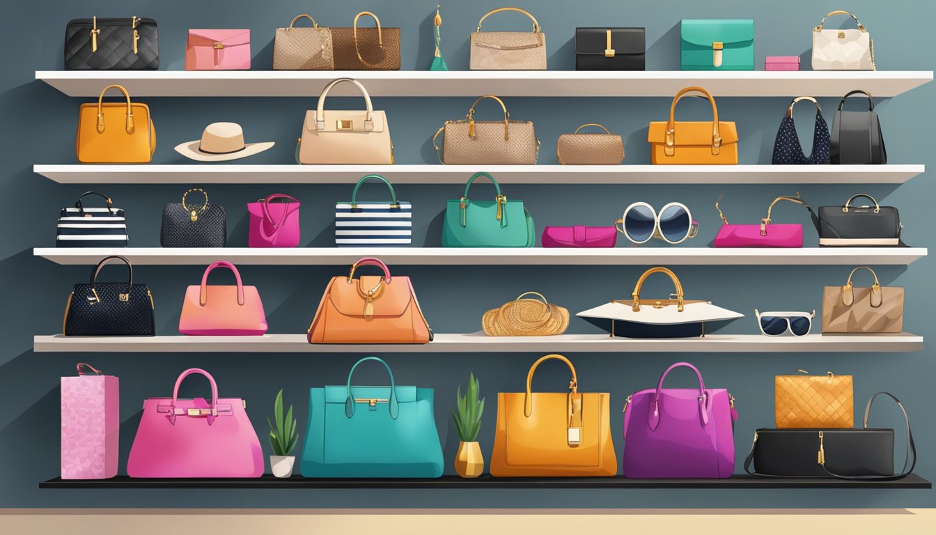 A display of fashionable accessories, including handbags, scarves, and sunglasses, arranged on sleek, modern shelves