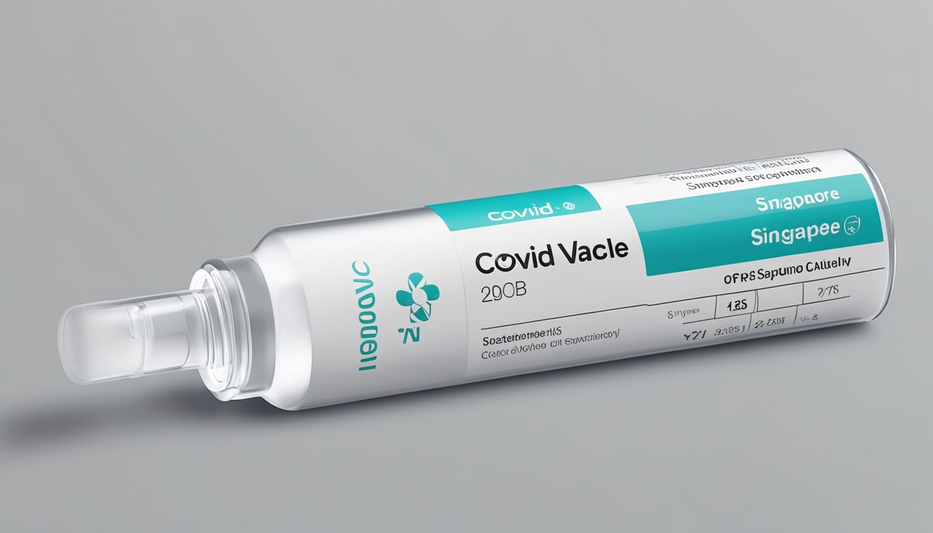 A vial of Singapore's COVID vaccine brand sits on a sterile white surface, with the brand name prominently displayed on the label