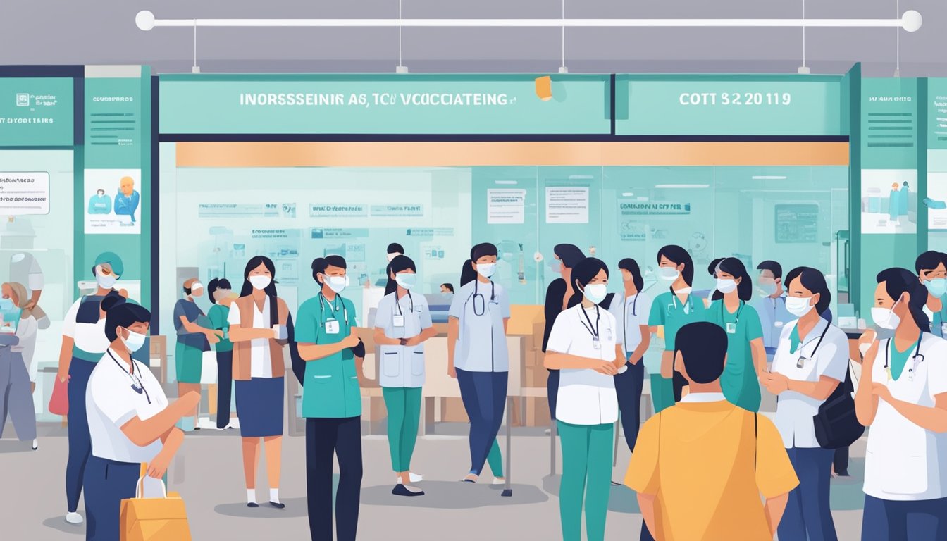 A bustling vaccination center with people lining up, healthcare workers administering shots, and informational posters about Singapore's COVID vaccine brand