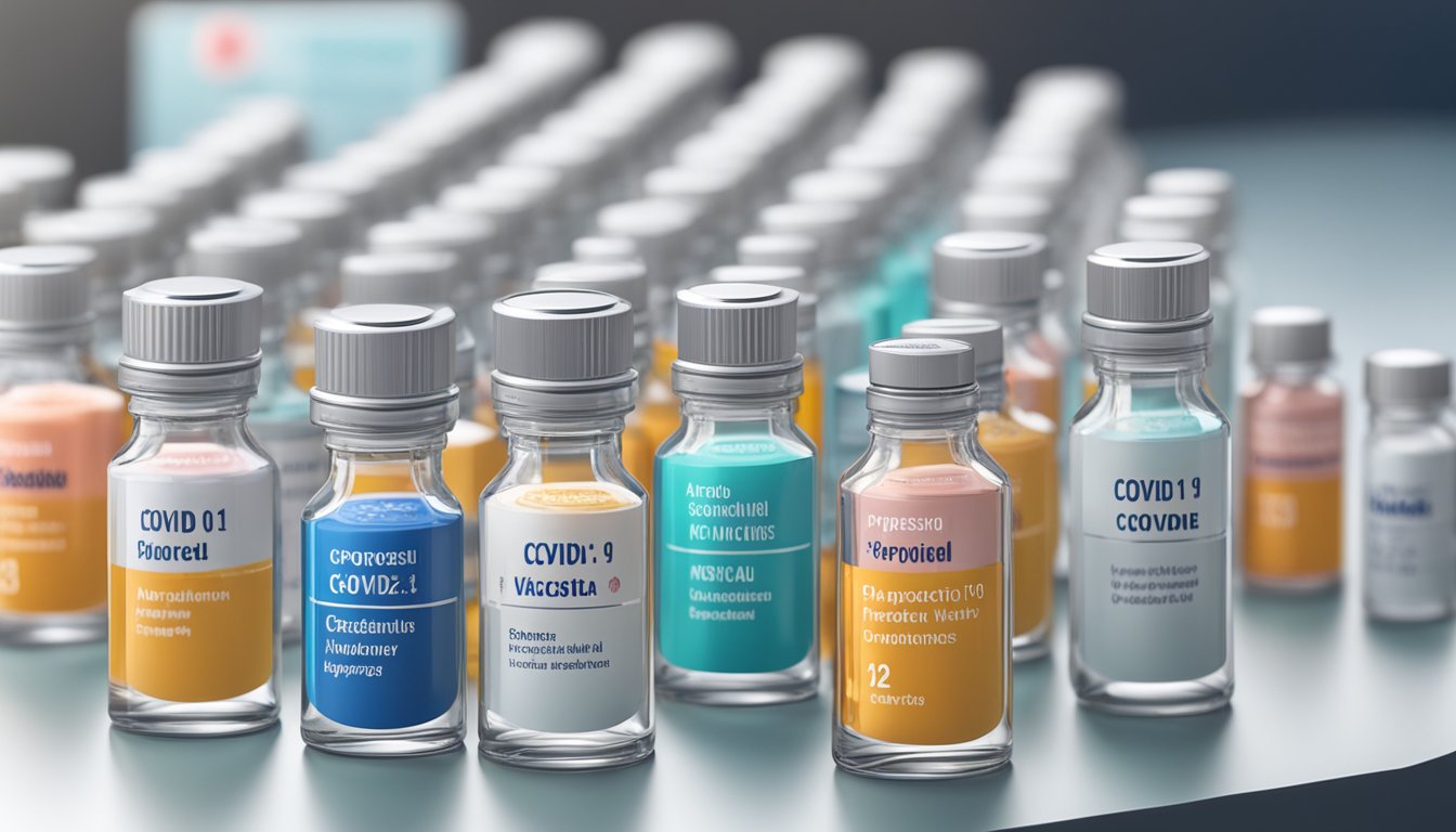 A table displays vials of approved Covid-19 vaccines in Singapore, with brand names clearly visible