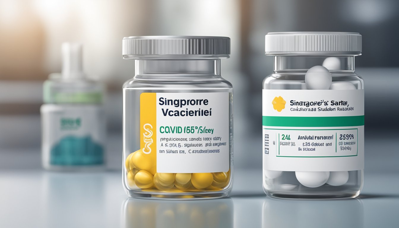 A vial of Singapore's Covid vaccine brand, with a label displaying "Vaccine Efficacy and Safety," sits on a sterile laboratory table