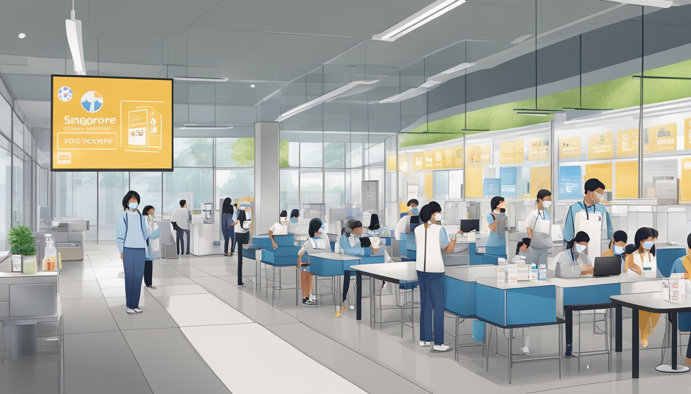 A bustling vaccination center in Singapore, with branded signage and a special program area for Covid vaccines