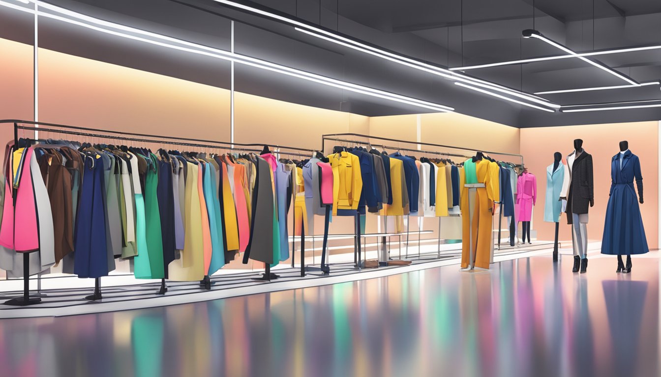 A runway with diverse fashion clothing brands showcased on mannequins. Bright lights highlight the unique designs and materials