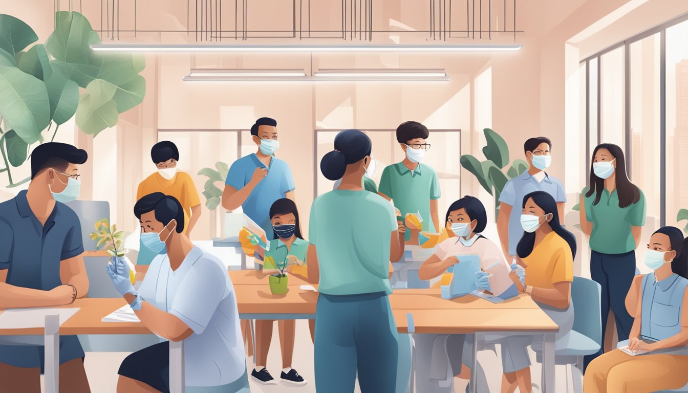 A diverse group of people in Singapore engage in educational activities about a COVID vaccine brand
