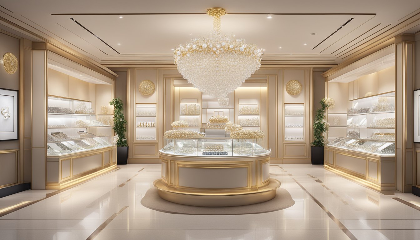 A display of elegant jewelry brands in Singapore, showcasing sparkling diamonds and lustrous pearls in a luxurious setting