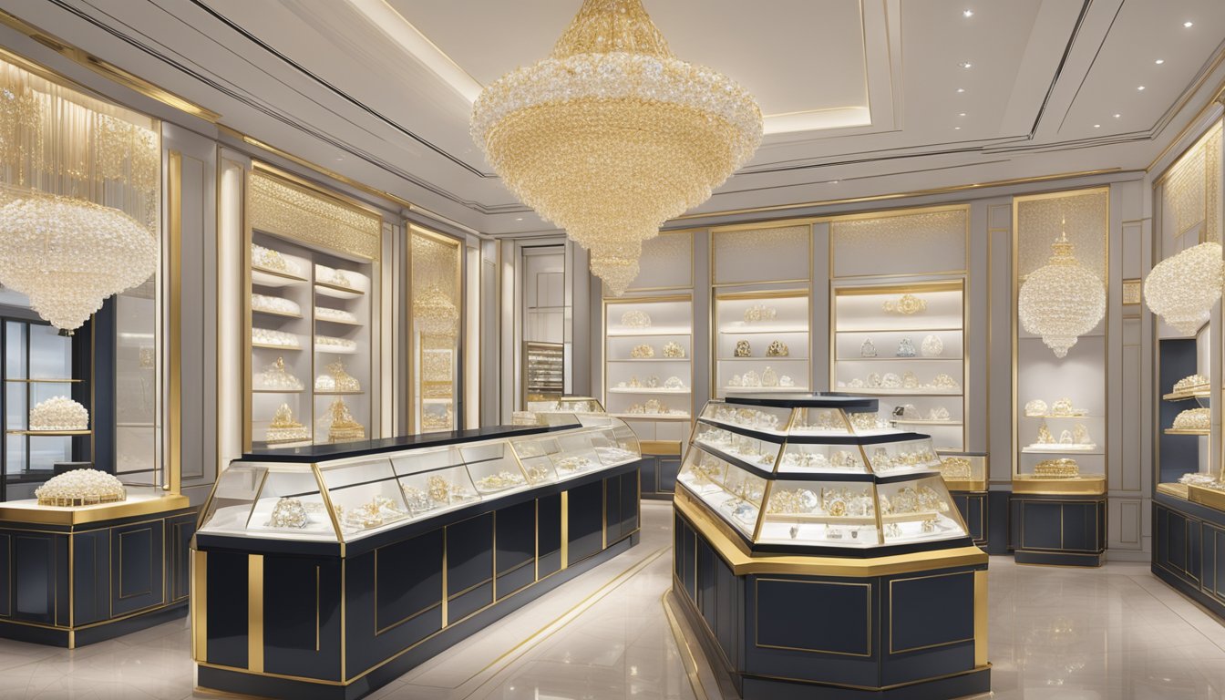 A display of iconic jewellery brands in a sleek Singaporean boutique. Glittering diamonds, lustrous pearls, and intricate gold designs catch the light