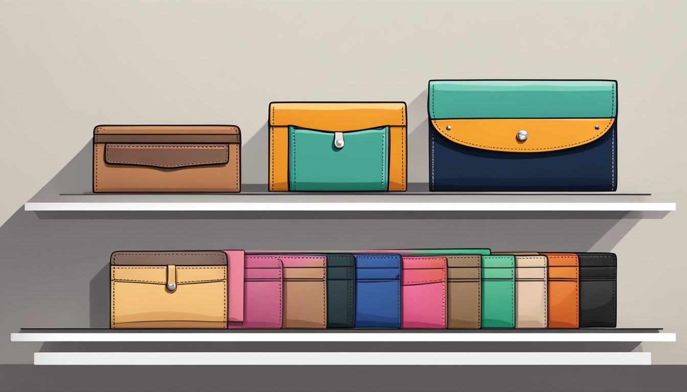 Various ladies wallet brands displayed on a sleek, modern shelf. Each wallet features different colors, textures, and designs, creating a visually appealing and diverse collection