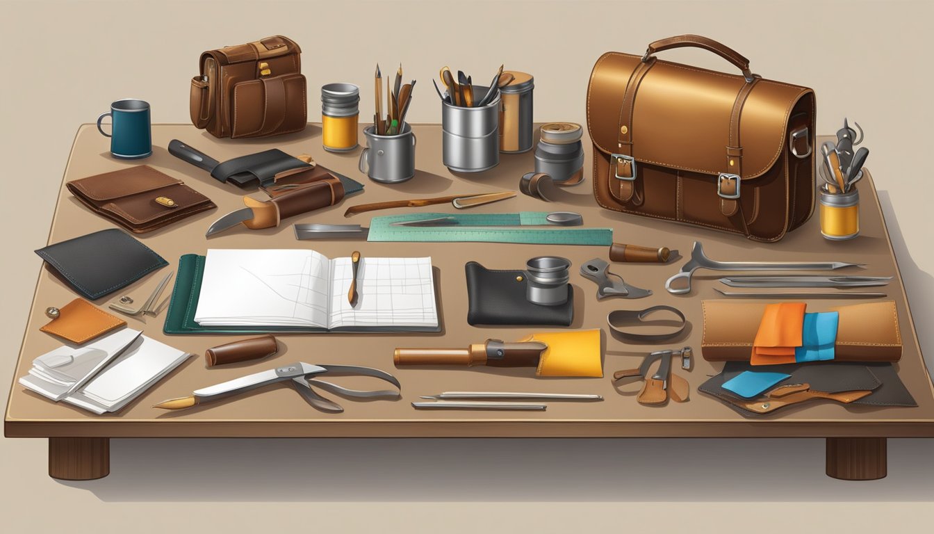 A table with various high-quality leather, fabric, and metal materials laid out, surrounded by tools and equipment for crafting wallets