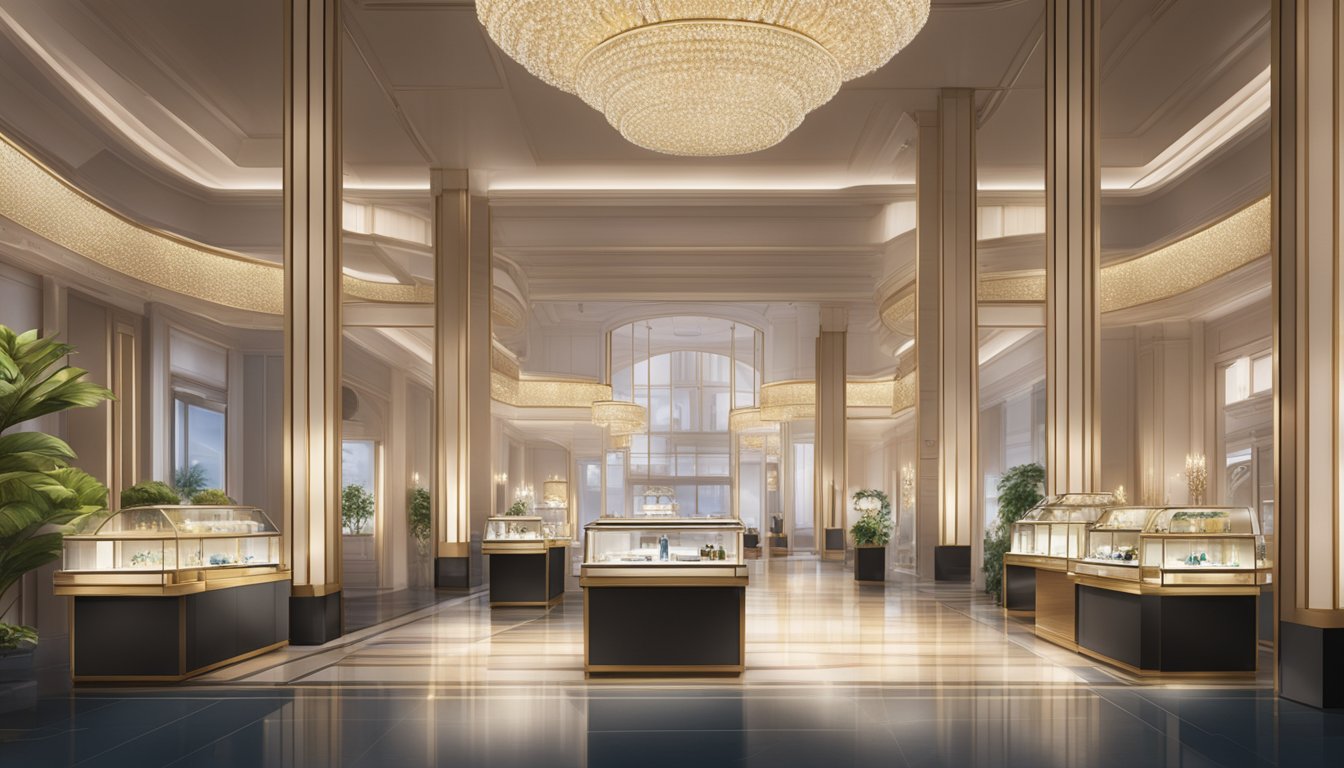 A luxurious display of bespoke and custom jewellery, sparkling in the soft glow of spotlights, set against a backdrop of elegant and modern Singaporean architecture