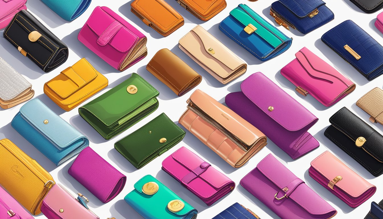 A vibrant display of various textured and colorful ladies' wallets from different brands, showcasing individual personalities