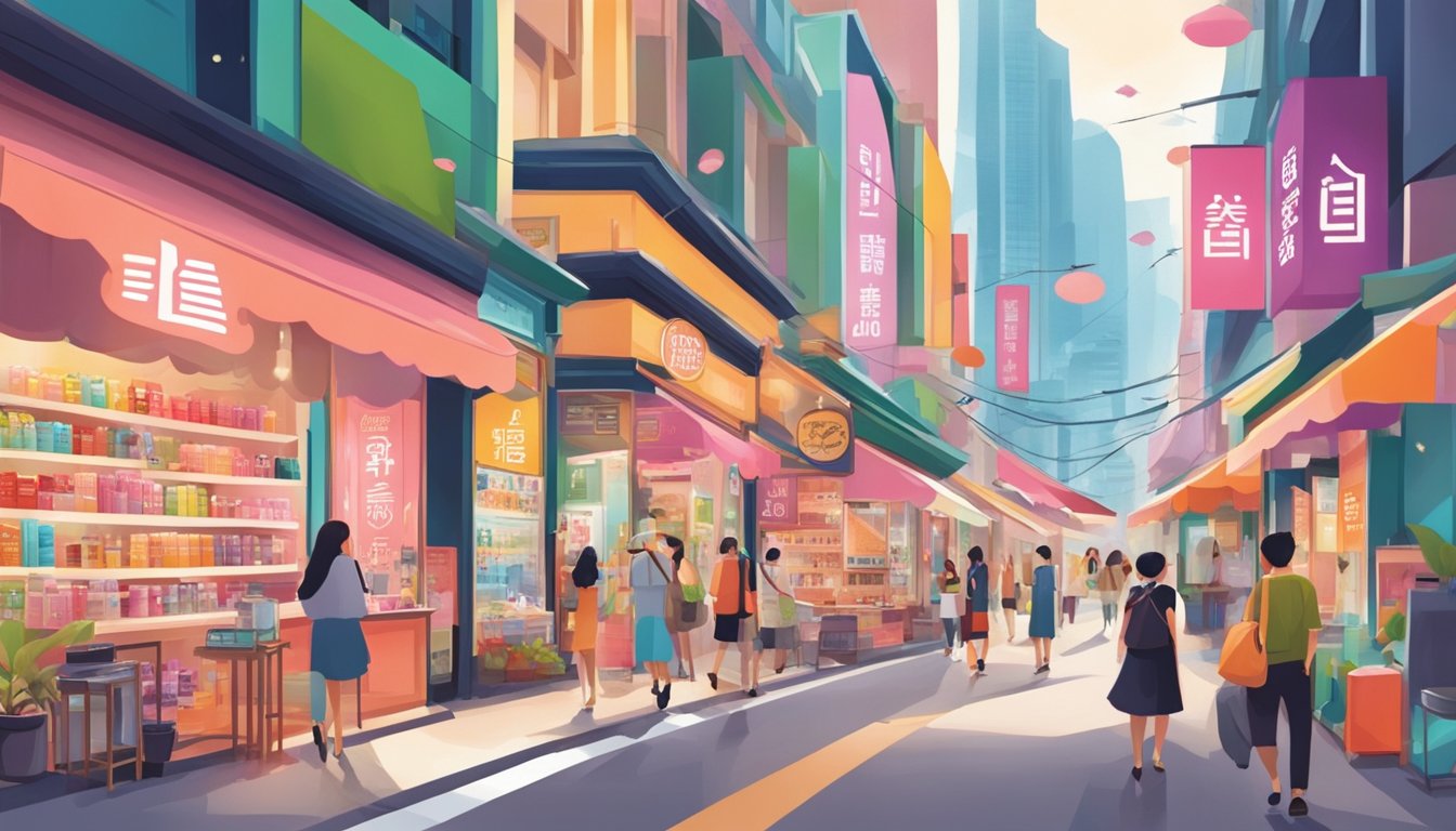 A bustling Singapore street lined with vibrant storefronts showcasing popular Korean cosmetic brands. Brightly colored displays and bold signage attract passersby
