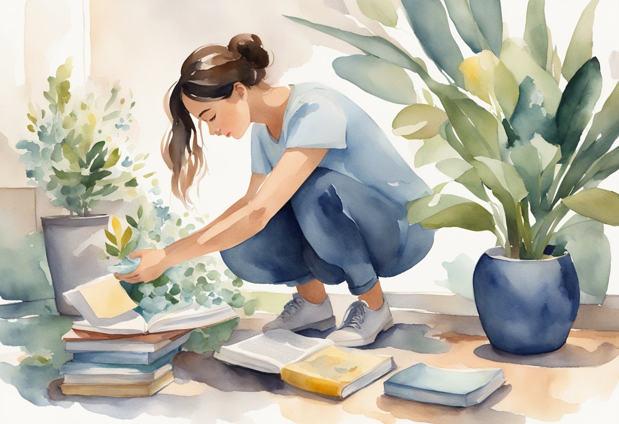 A woman drops her favorite book, and as she bends down to pick it up, she accidentally knocks over a vase. A man rushes to help clean up the mess without hesitation