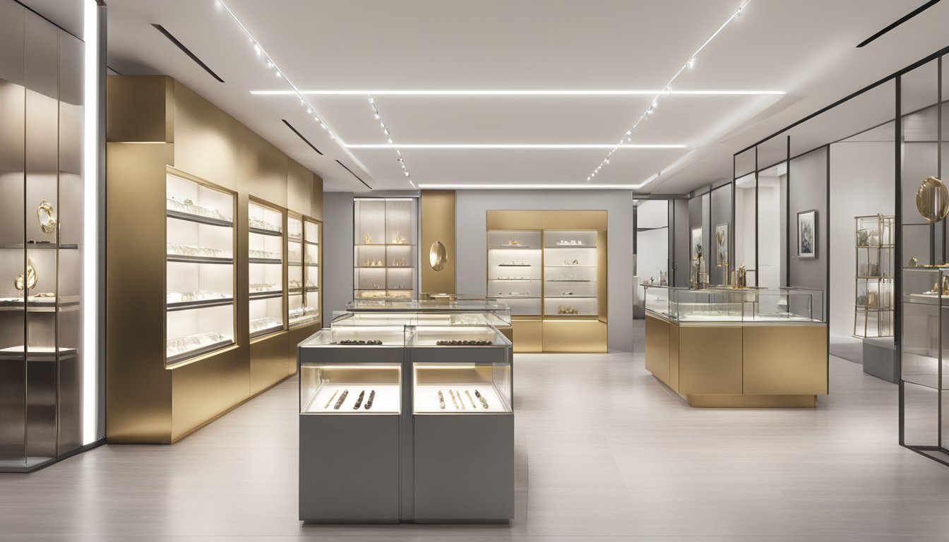 Modern jewellery brands showcased in a sleek, minimalist store with clean lines and bright lighting. Display cases hold unique, contemporary pieces in silver, gold, and gemstones