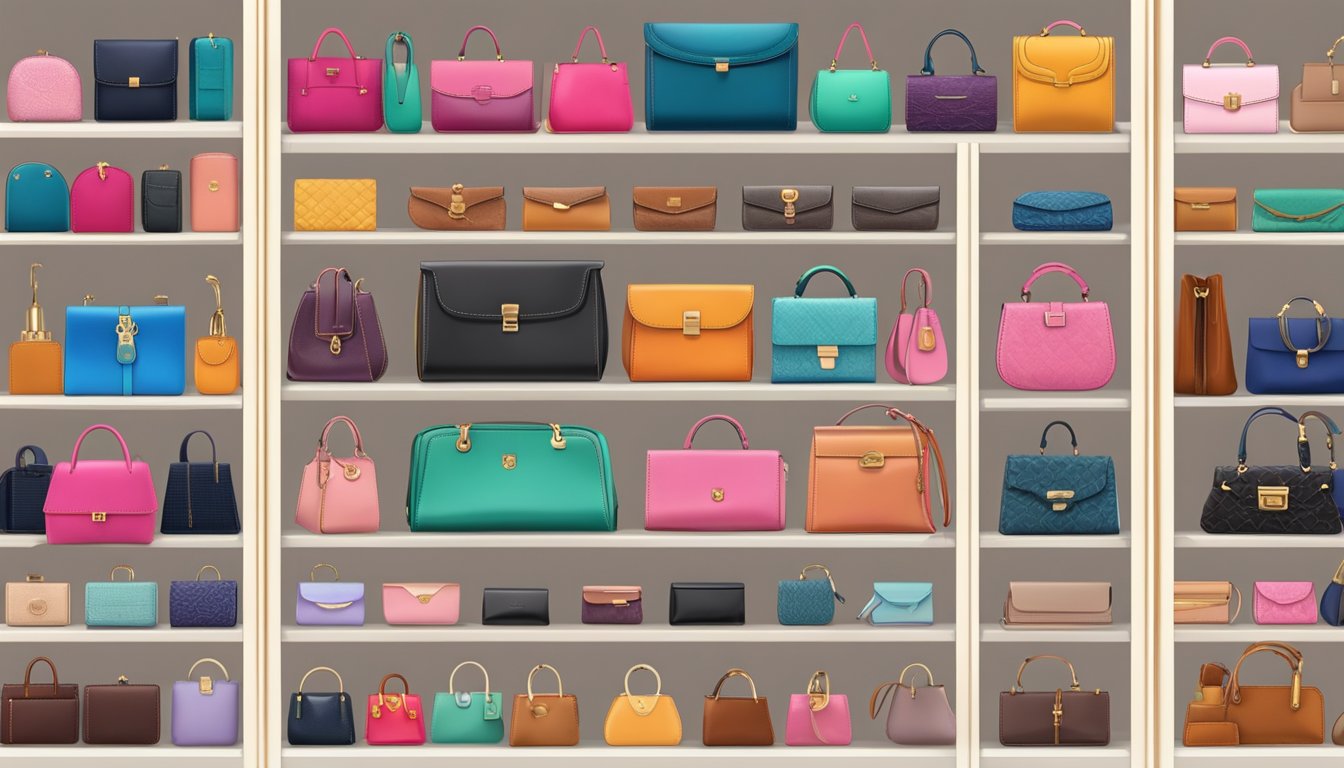 A display of top ladies' wallet brands and collections, arranged neatly on shelves with elegant designs and various colors