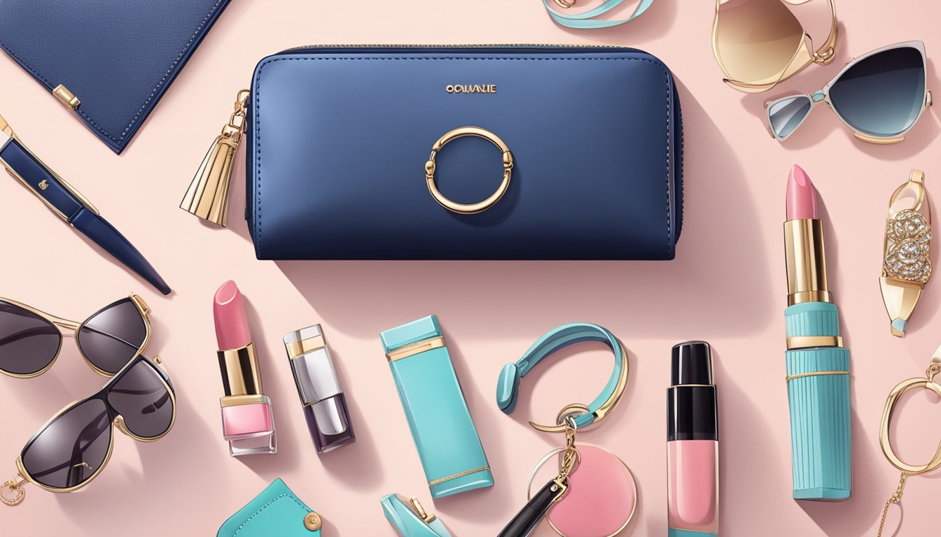 A sleek, modern ladies' wallet is surrounded by various accessories such as a keychain, lipstick, and sunglasses, creating a stylish and fashionable ensemble