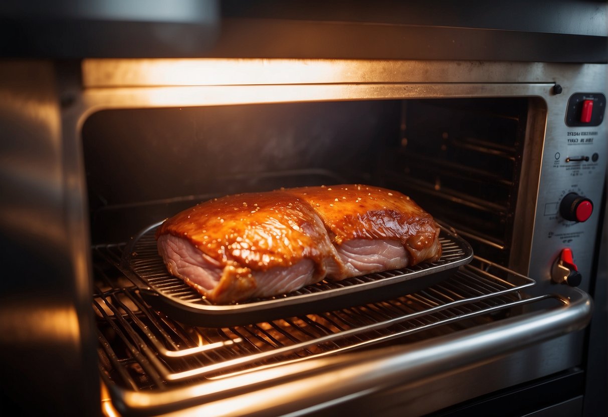 A whole piece of Chinese roast pork sizzling in the oven, its skin crackling and golden, while the meat inside is juicy and tender