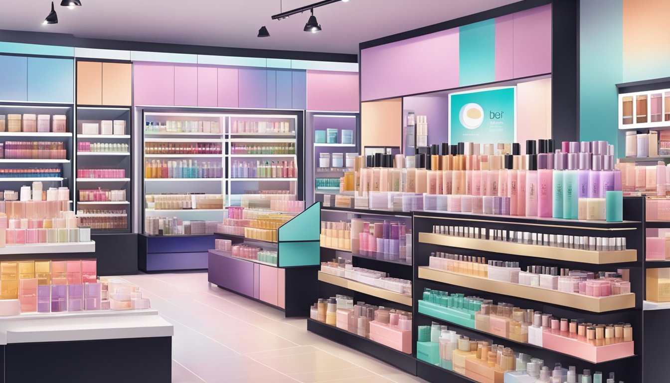 A colorful display of top Korean cosmetic brands in a modern Singaporean beauty store
