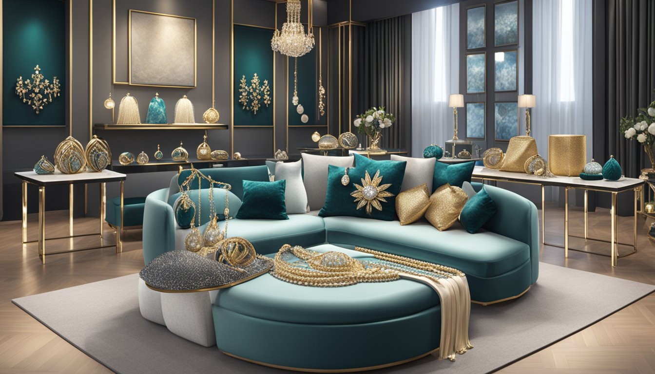 A sparkling display of elegant necklaces, bracelets, and earrings arranged on velvet cushions in a luxurious showroom