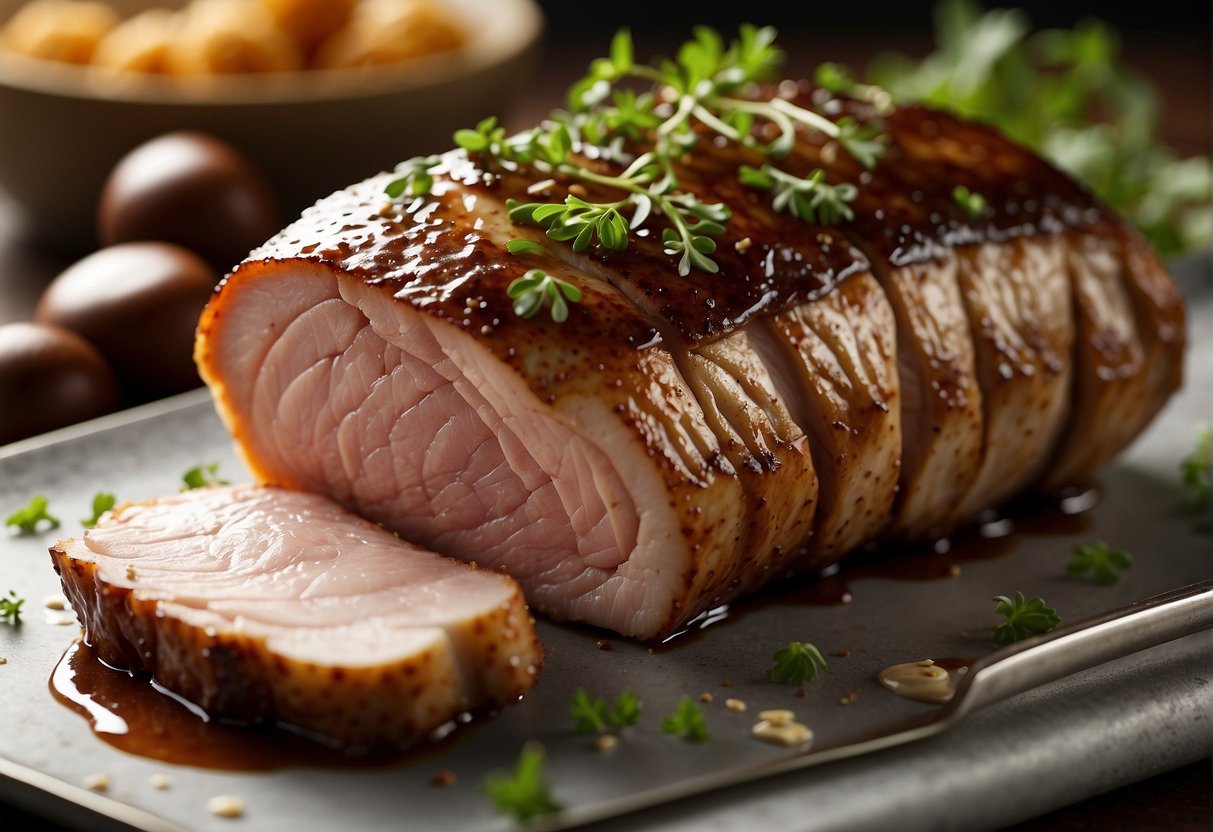 A whole pork loin is marinated in a mixture of soy sauce, hoisin sauce, honey, and spices. It is then placed in the oven to roast until golden brown and crispy