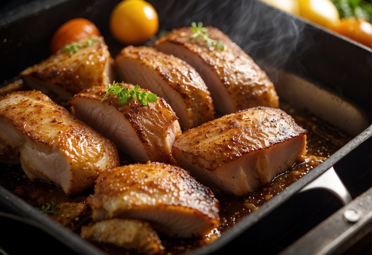 Pork roast sizzling in oven, golden skin crackling, juices bubbling