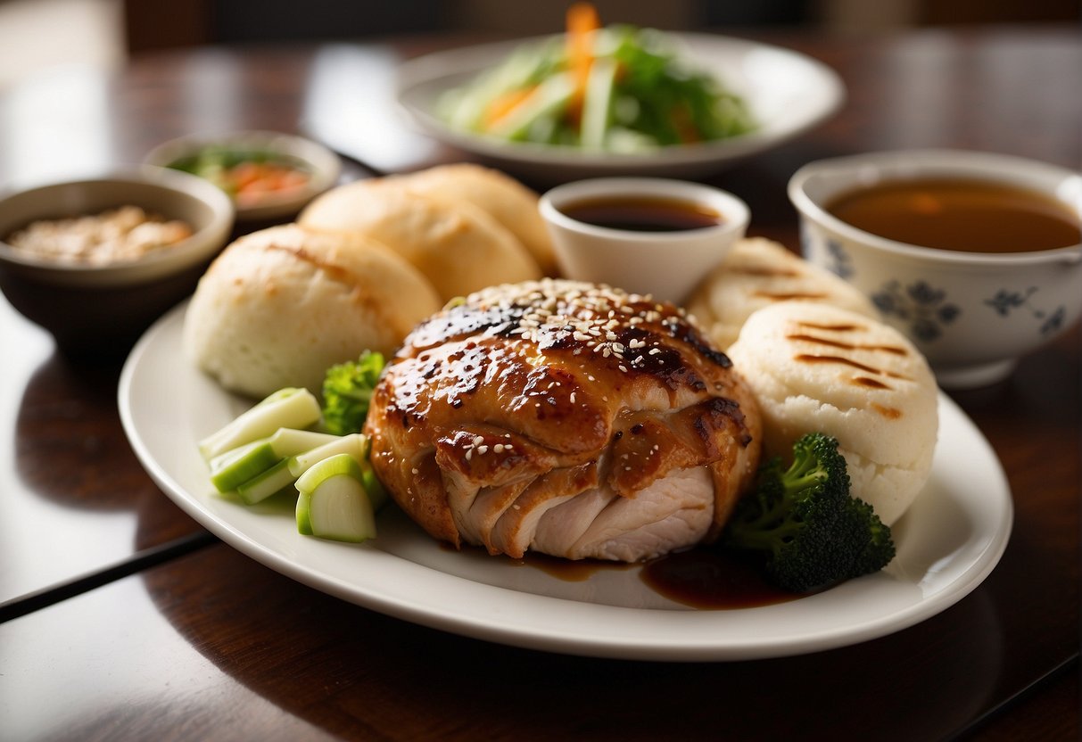 A golden brown Chinese roast pork sits on a platter, surrounded by steamed buns, pickled vegetables, and a small dish of hoisin sauce