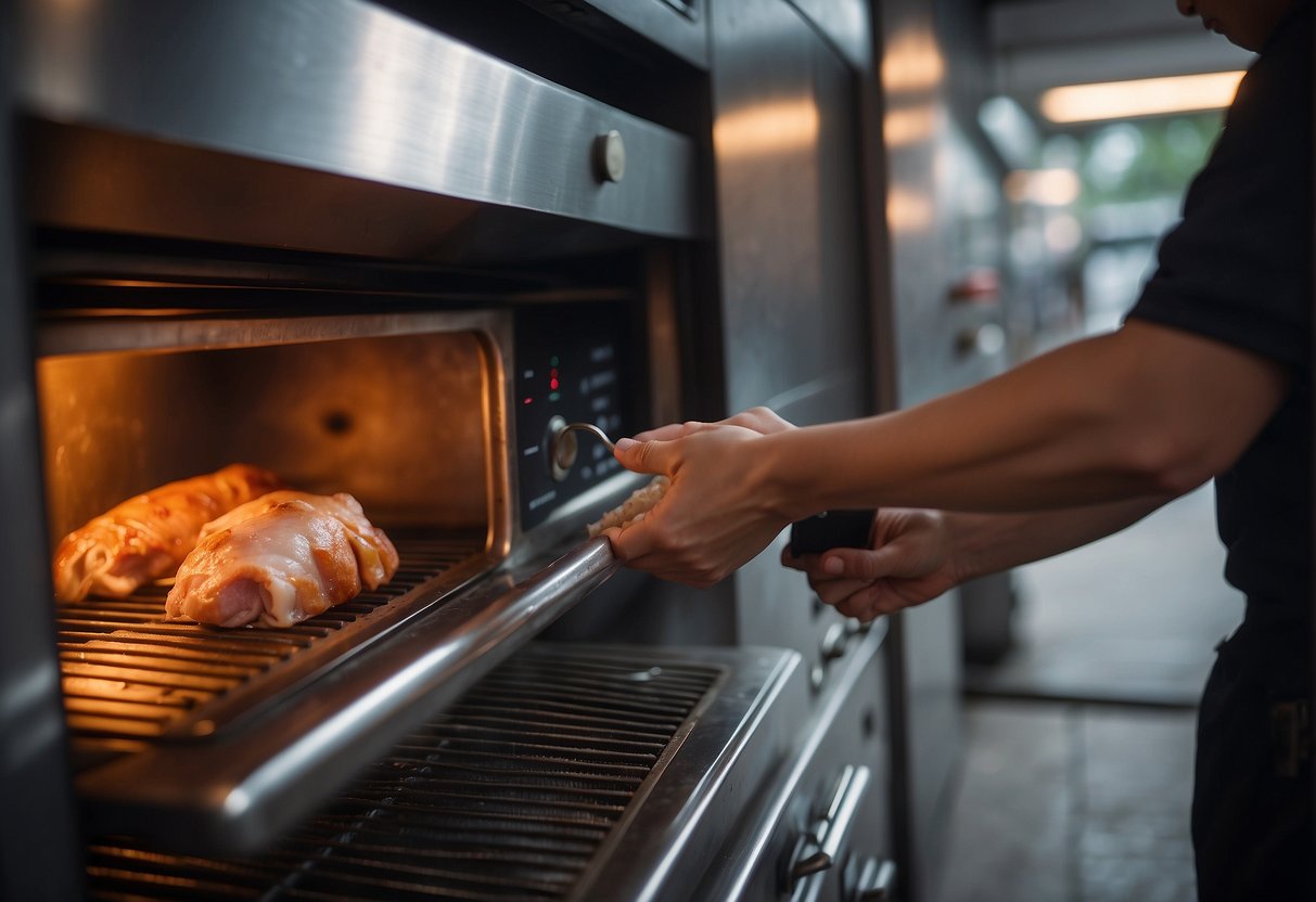 Chinese roast pork sits in a foil-lined oven. A hand reaches to adjust the temperature dial