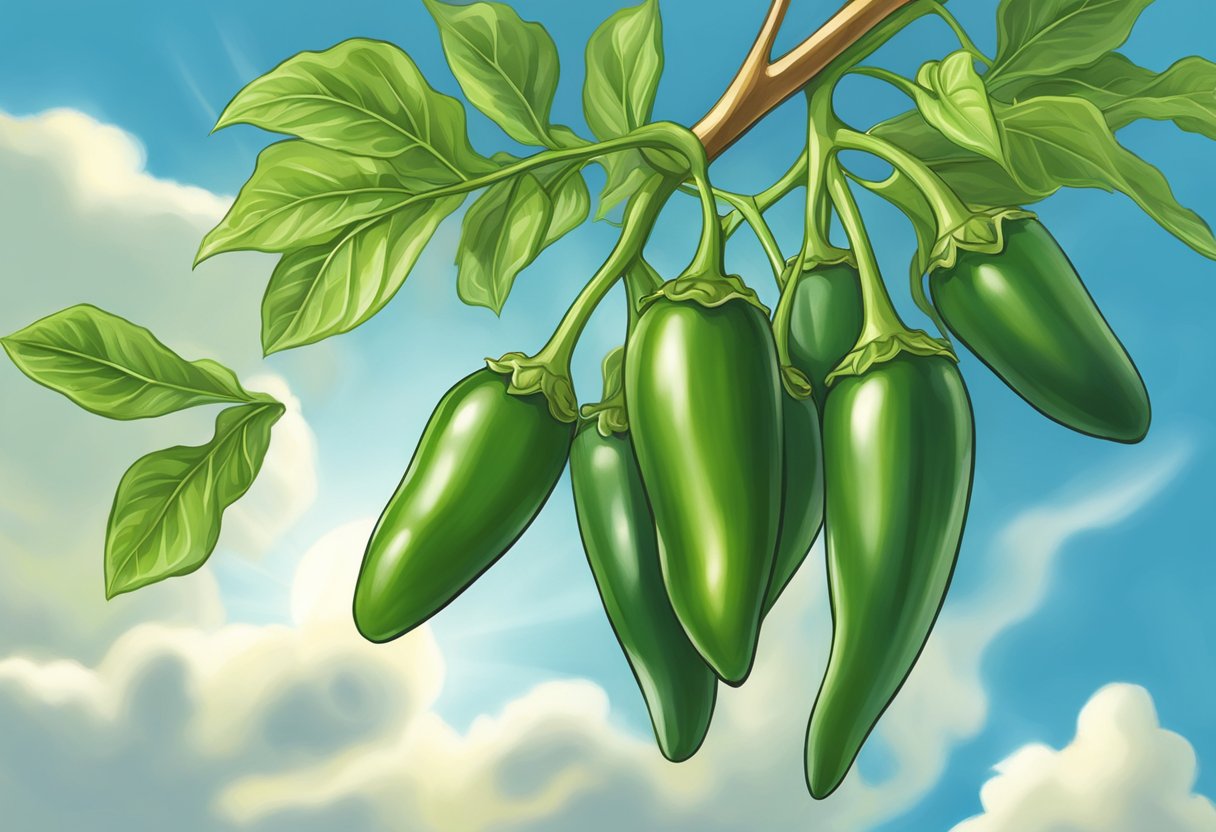 A jalapeno plant basks in direct sunlight, with vibrant green leaves reaching towards the sky