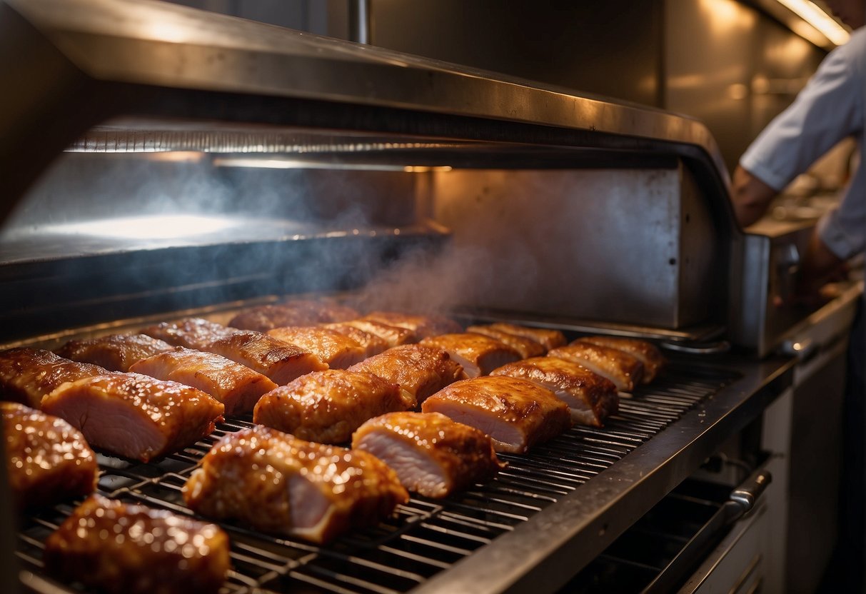 Chinese roast pork sizzling in the oven, golden brown and crispy, with a tantalizing aroma filling the kitchen