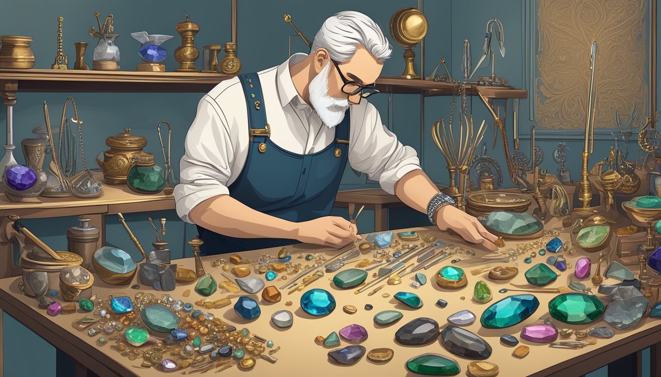 A jeweler carefully selects and arranges precious gemstones and metals on a workbench, surrounded by delicate tools and intricate designs