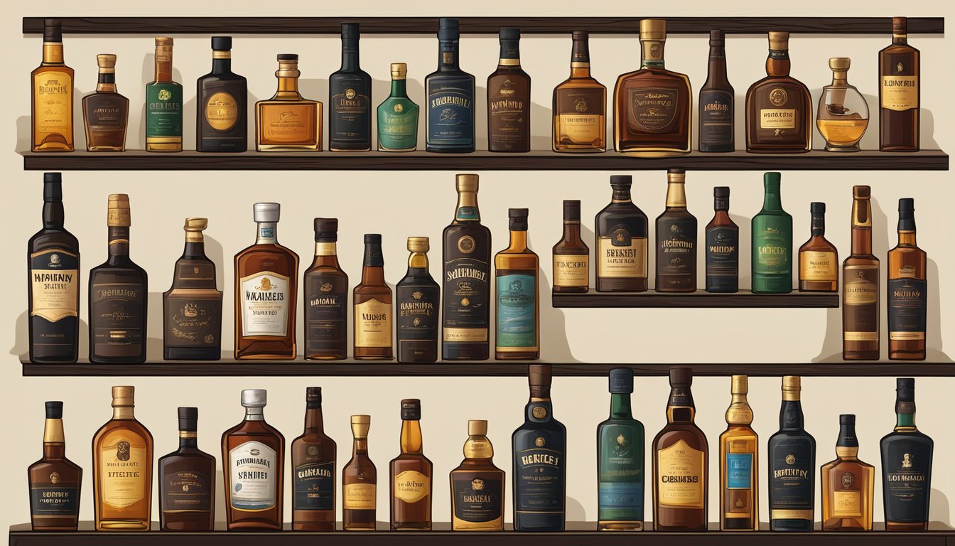 Various whiskey bottles displayed on a dark wooden shelf. Labels are visible, with different shapes and sizes