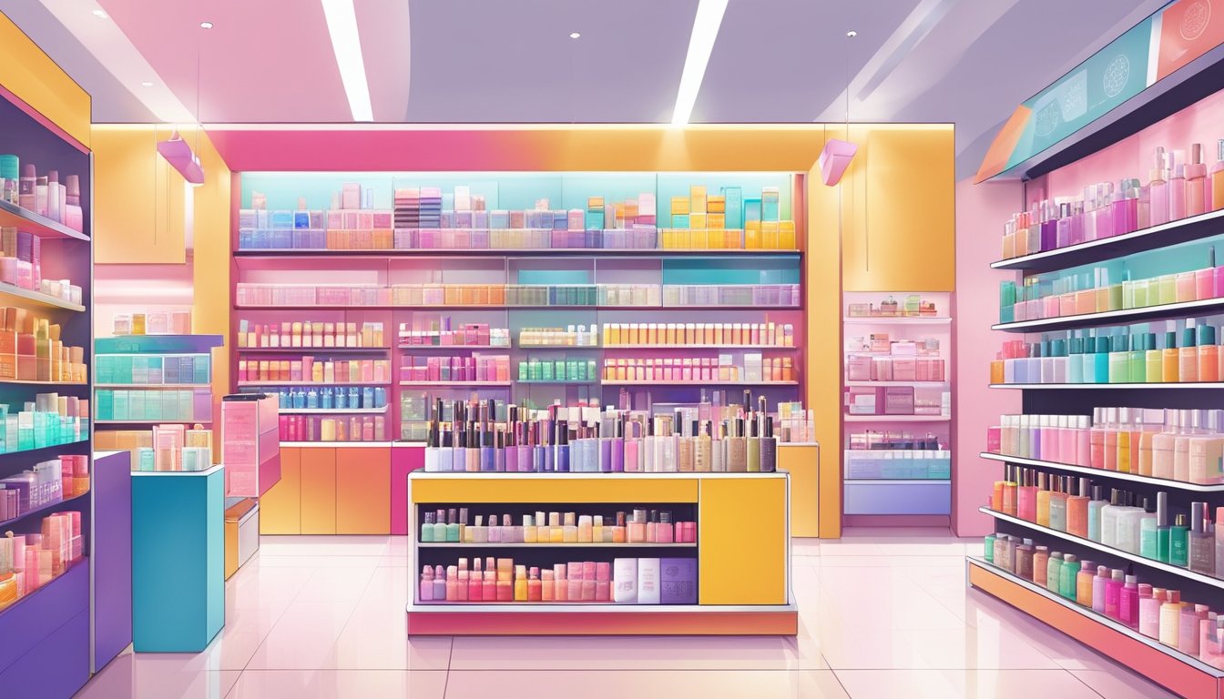 A colorful display of Korean cosmetic brands in a Singaporean store. Shelves are filled with skincare and makeup products, featuring vibrant packaging and trendy designs