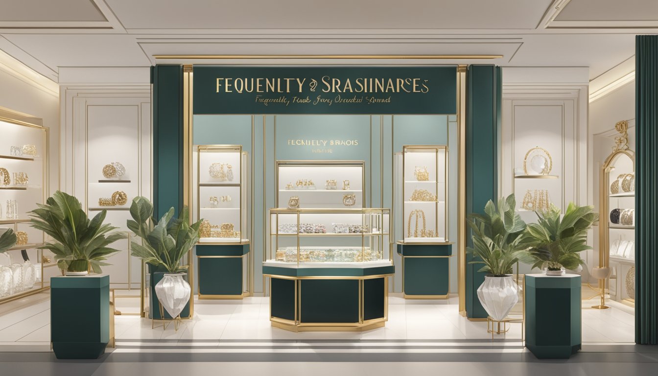 A display of elegant jewellery pieces with a sign reading "Frequently Asked Questions jewellery brands singapore" in a chic boutique setting