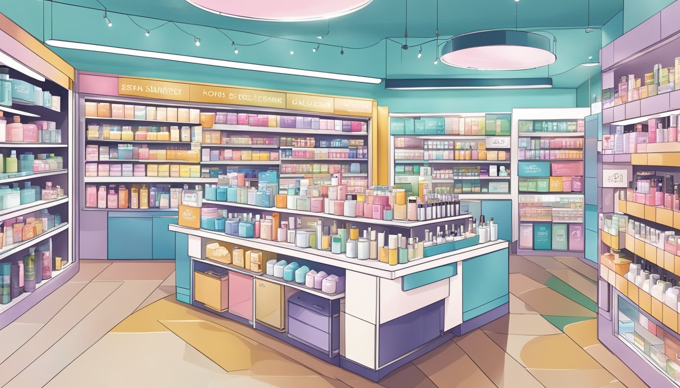 A display of Korean skincare and makeup products in a Singaporean store. Brightly colored packaging and trendy designs catch the eye