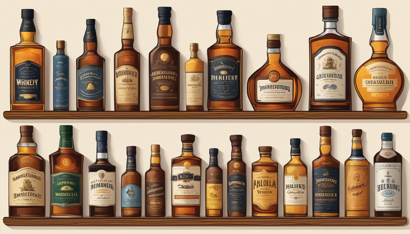 Various whiskey bottles lined up on a wooden shelf, each with distinct labels and designs representing different types and styles of the popular spirit