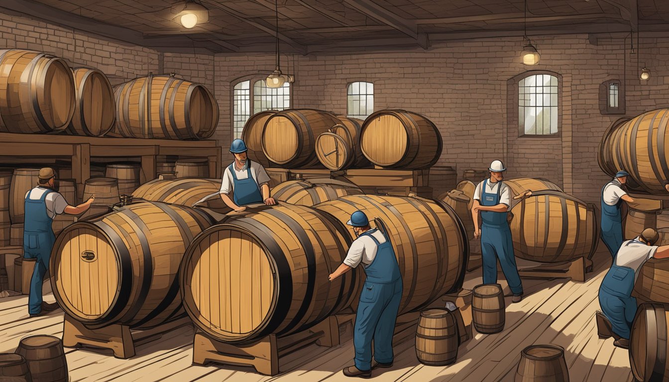 Whiskey barrels being filled and sealed in a distillery, with workers inspecting and labeling the bottles for production