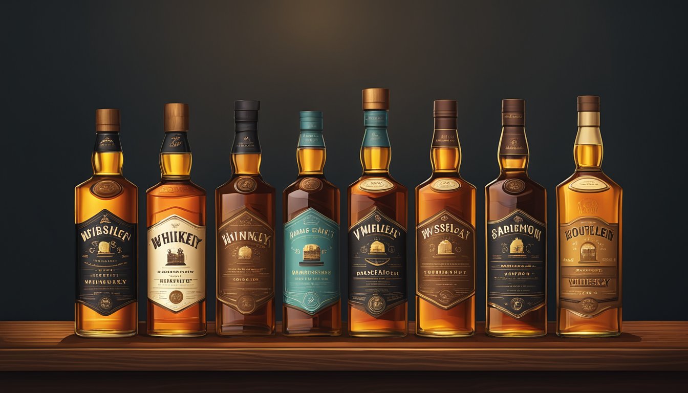 A row of iconic whiskey bottles stands on a dark wooden shelf, their distinct labels and shapes catching the warm glow of a spotlight