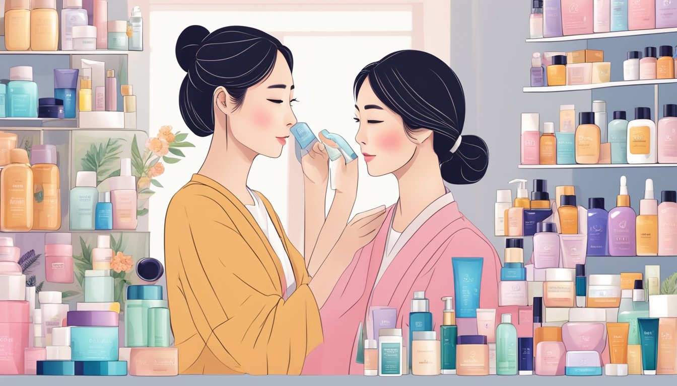 A woman applies Korean skincare products in Singapore, surrounded by popular Korean cosmetic brands