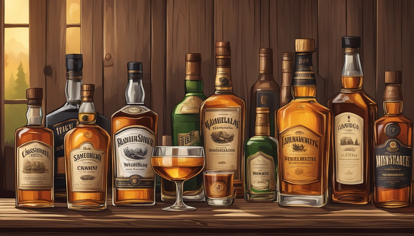 Various whiskey bottles arranged on a rustic wooden table with glasses filled, surrounded by a warm, cozy ambiance