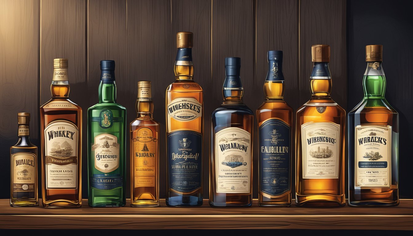 Various whiskey bottles arranged on a wooden shelf with a backdrop of dimly lit bar setting