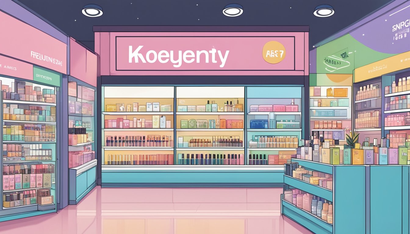 A display of popular Korean cosmetic brands in a Singaporean store, with colorful packaging and prominent "Frequently Asked Questions" signage