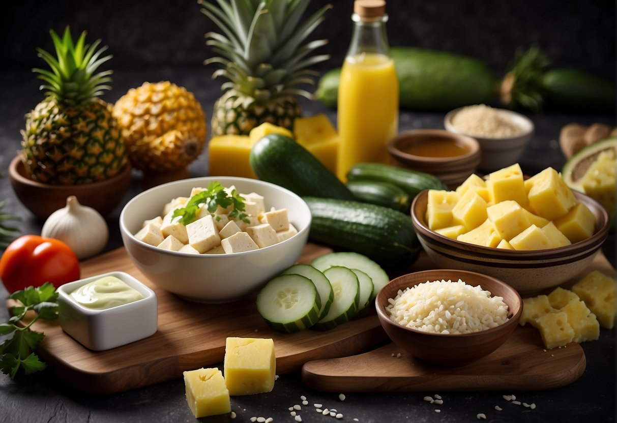 A table with assorted ingredients: tofu, cucumber, pineapple, and sauce. Bowls, utensils, and a cutting board are scattered around