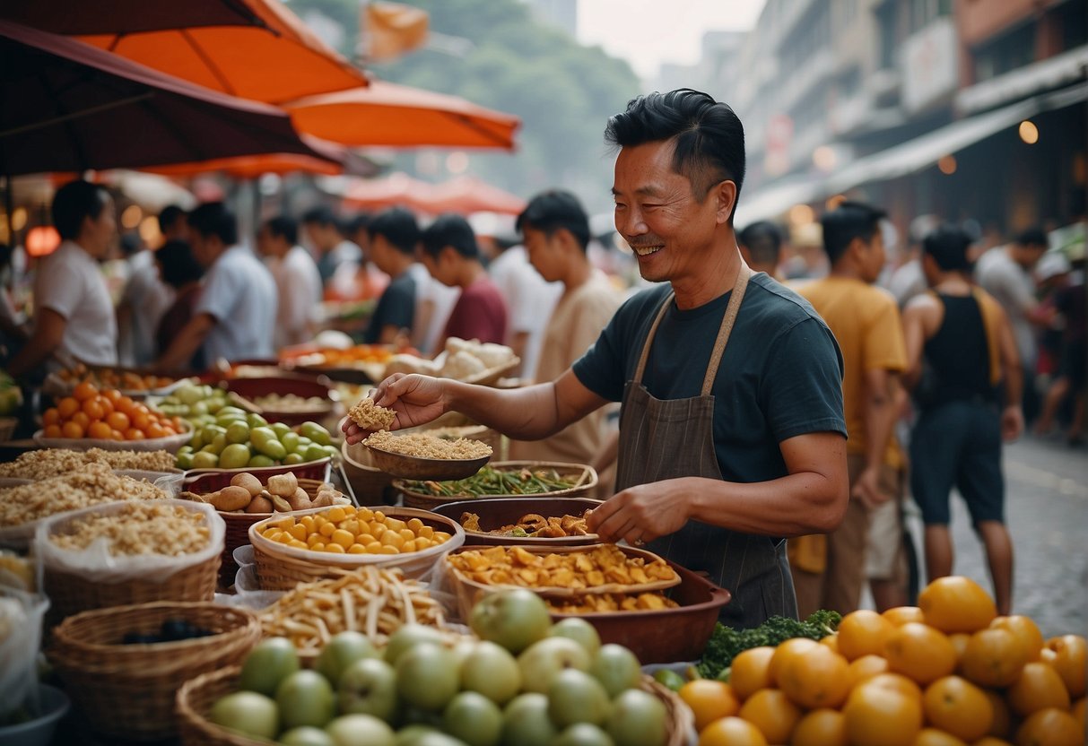A bustling street market with vendors selling fresh fruits, tofu, and various sauces. Customers eagerly mix and match ingredients to create their own Chinese rojak