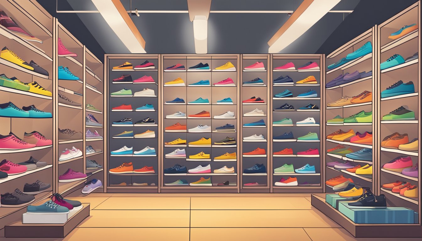 Various shoe brands displayed on shelves in a well-lit store. Bright colors and sleek designs catch the eye