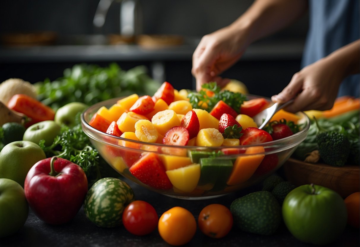 Fresh fruits and vegetables being washed, chopped, and mixed with a sweet and tangy sauce in a large bowl