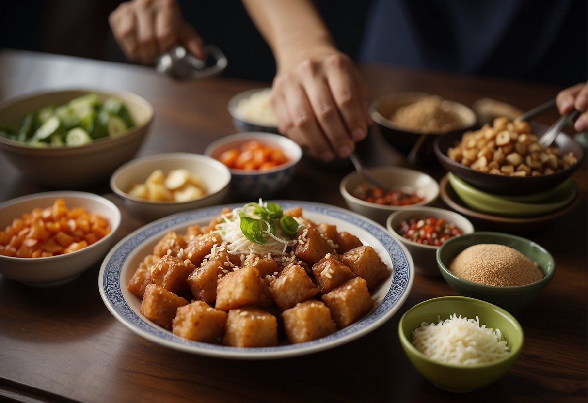 Ingredients arranged on a table, a person assembling and mixing chinese rojak in a large bowl, then serving it on a plate