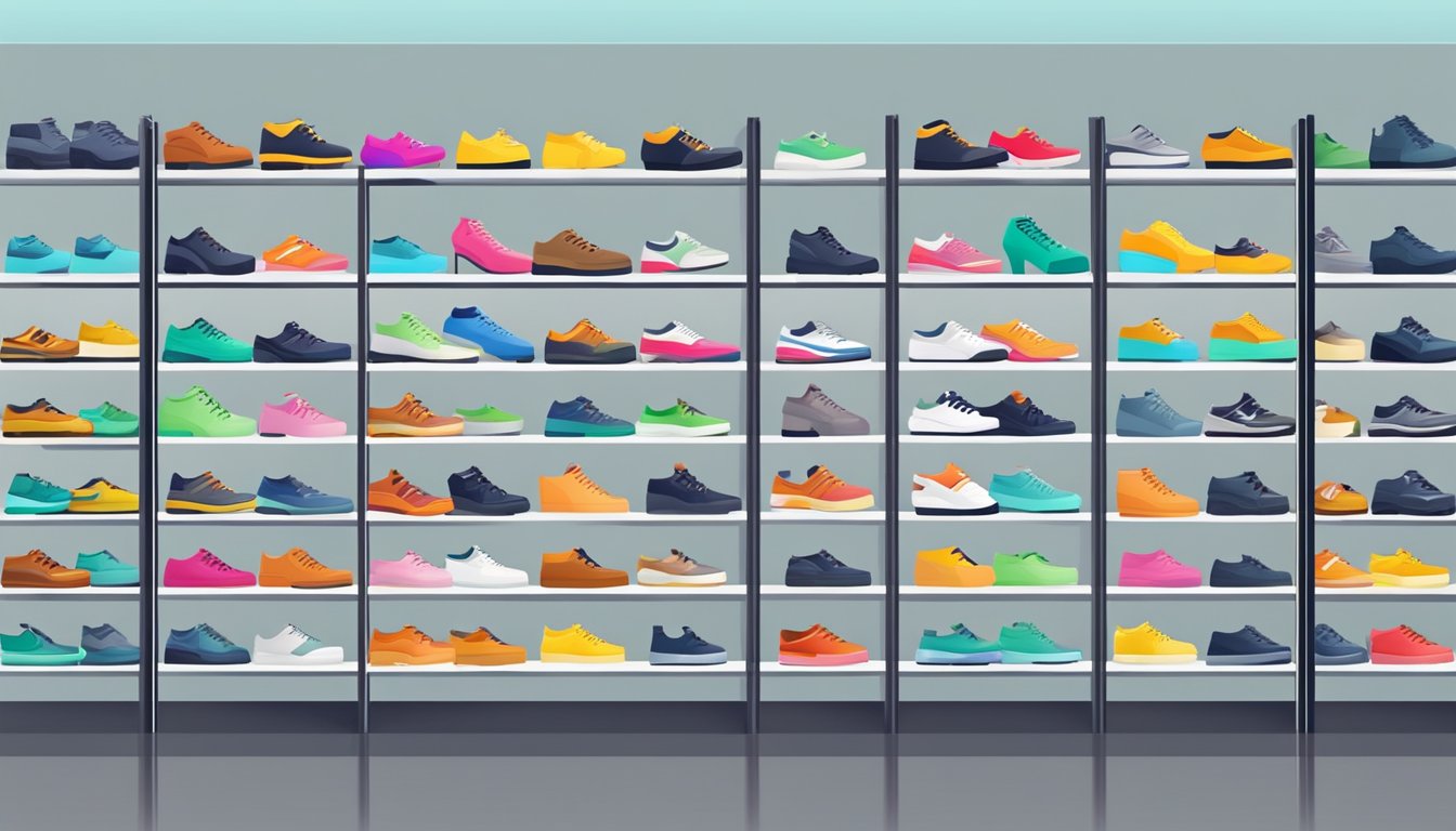 A colorful array of modern and stylish shoes displayed on sleek shelves in a well-lit, spacious showroom